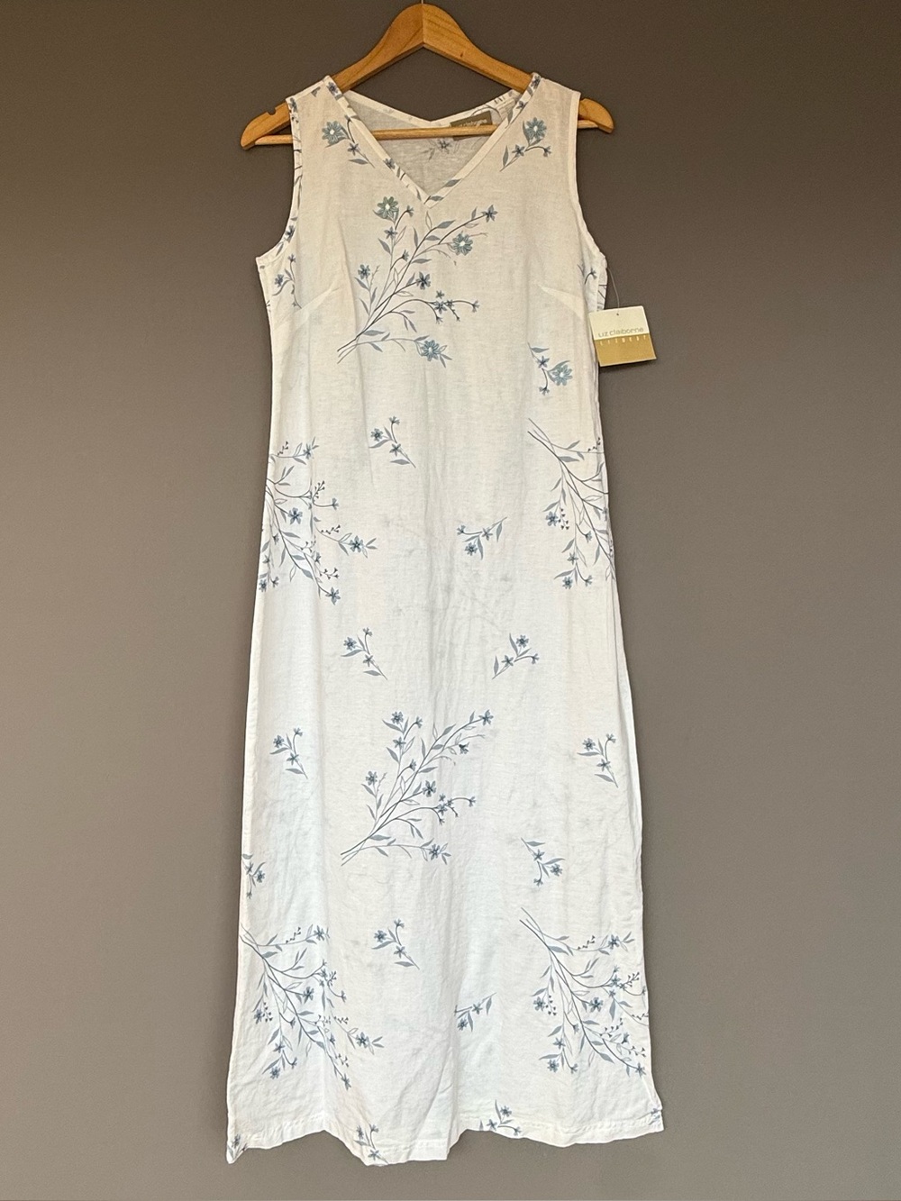 vtg 90s Liz Claiborne Fluidity Linen Cotton Floral Maxi Dress White Blue Small